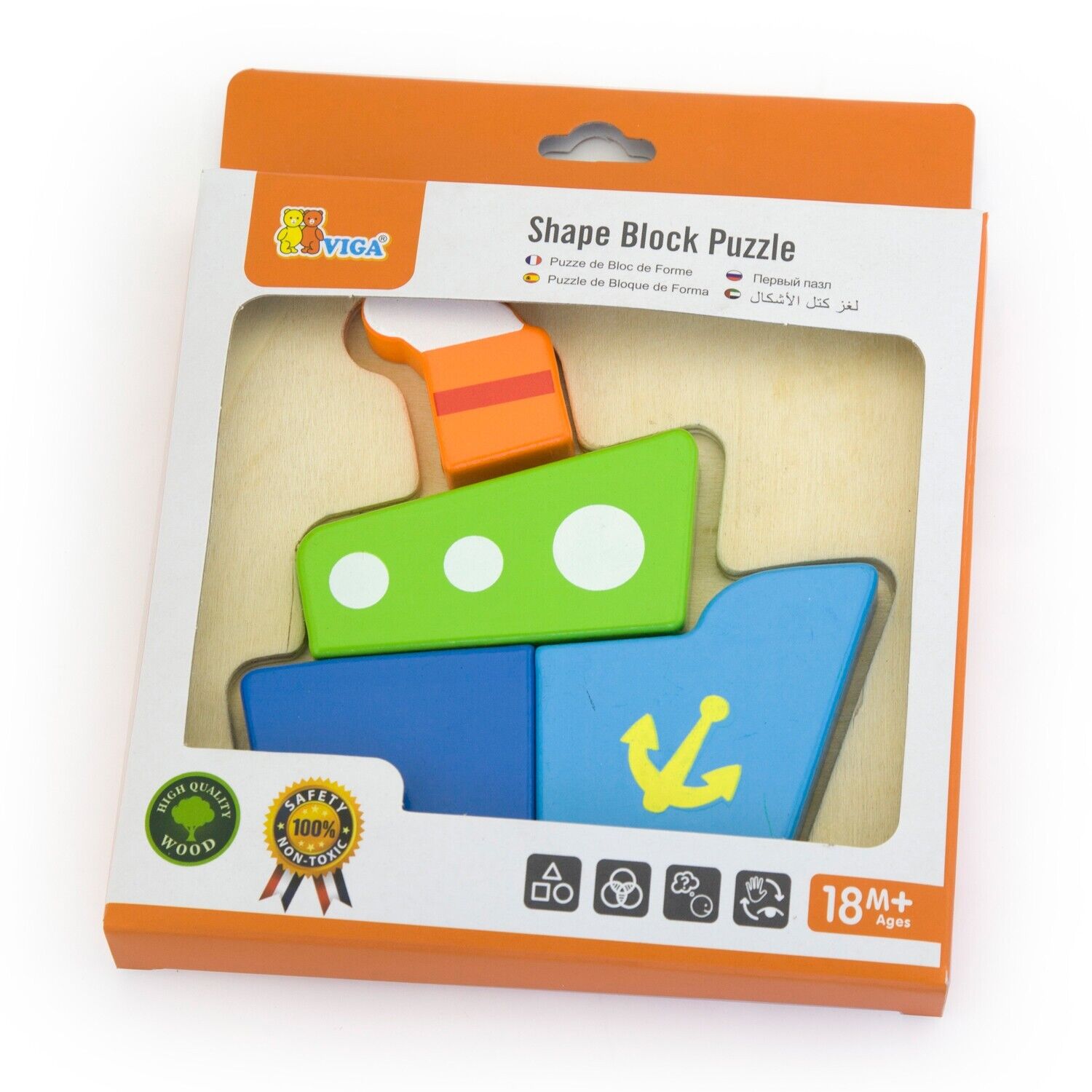 VIGA Toys - Mini Puzzle Barca In Legno 4 Pezzi - Gioco Educativo Per Bambini, Colori Brillanti
